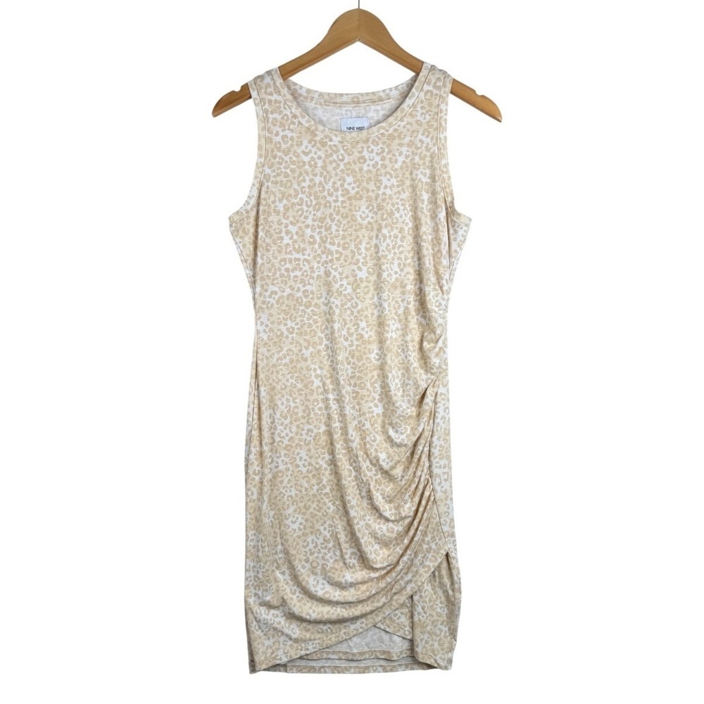Nine West Tulip Hem Leopard Print Dress size Small Side Ruched Detail Cream